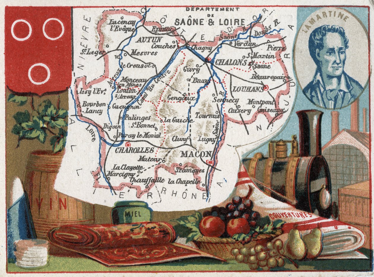 Saone et Loire, Burgundy, France. Portrait of Alphonse de Lamartine. Series on the French Departments. Chromolithography around 1890 by French School