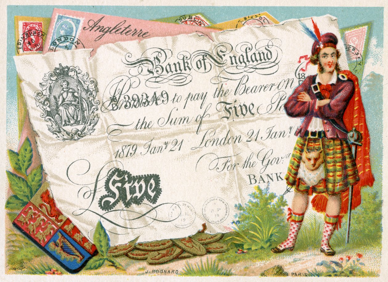 Scottish soldier guarding a Bank of England Five Pound Note, 1886-95 by French School