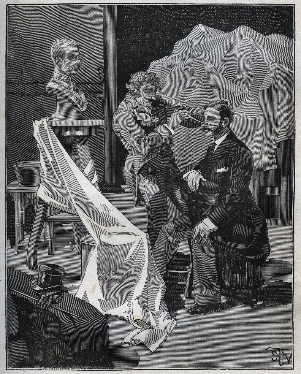 Sculpture, workshop of a sculptor, focus and sculpture of a bust ...