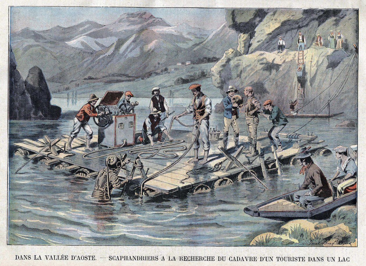 Search by a Scaphandler for the Body of a Drowned Tourist in a Lake in the Vallee d