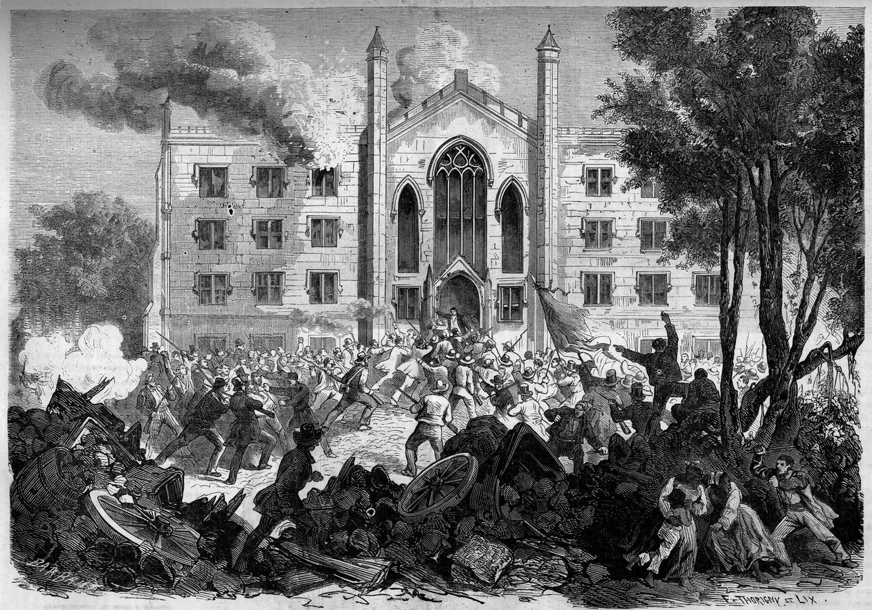 American Civil War (1861-1865) - New York - July 1863: opposition to conscription, insurgents set fire to the asylum of colored orphans in New York City during the Draft Riots. Engraving in Le Monde Illustré No. 331 of August 15 by French School
