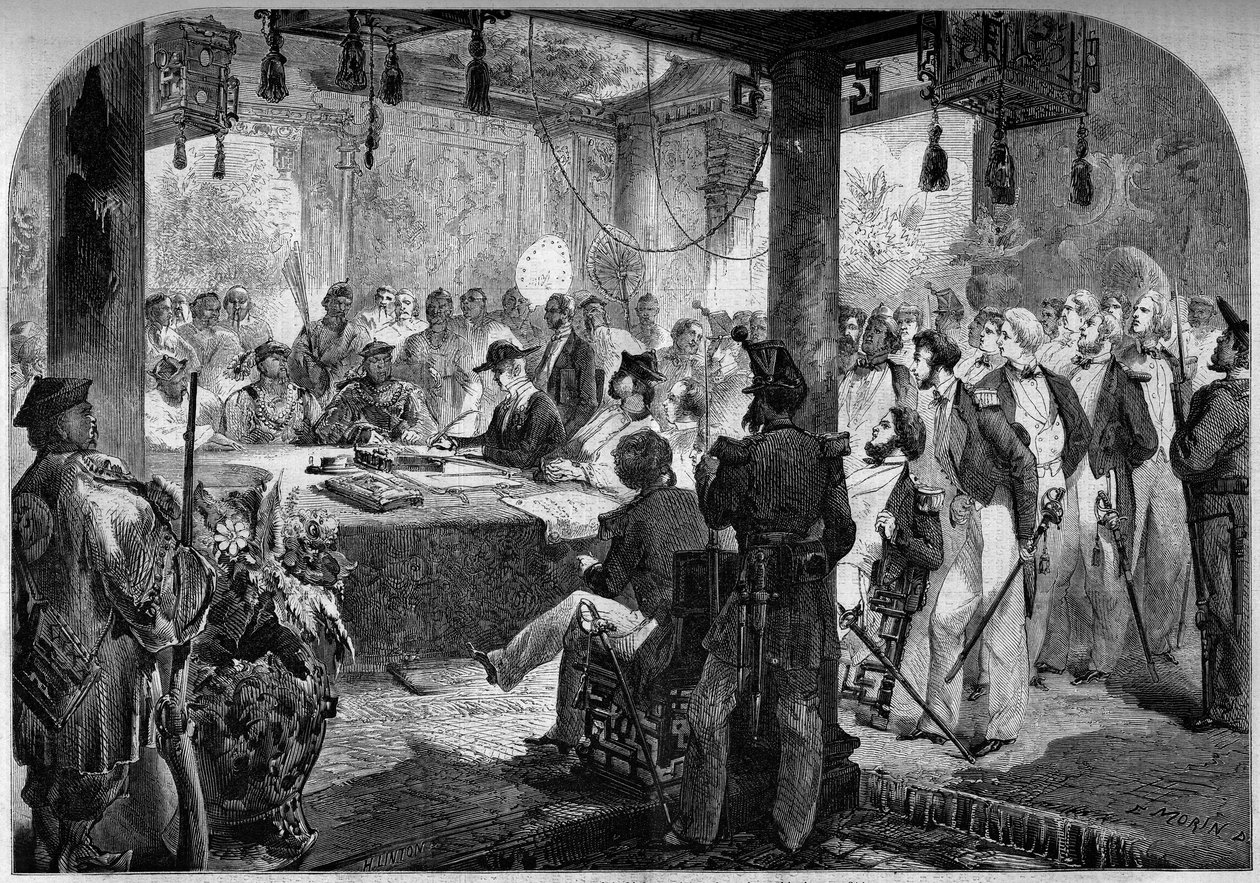 Second opium war between France and England and China (1858-1860) - signing of the Tianjin Treaty in 1858: English and French ambassadors Lord Elgin (James Bruce by French School