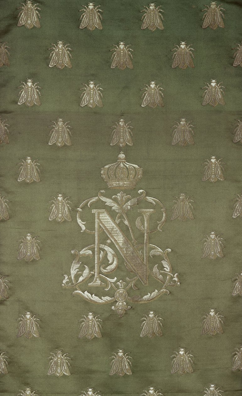 Section of green and gold damask with the emblem and royal crest of Napoleon III by French School