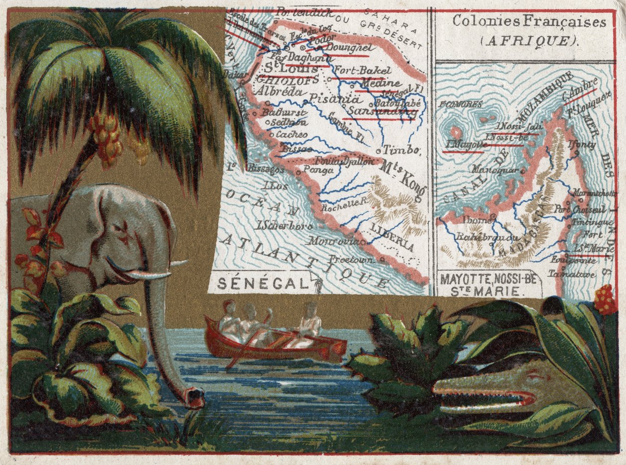 Senegal, Mayotte, Ile de Sainte Marie, Nossi Be (Nossi-be or Nosy-be or Nosy be), Africa. Elephant, crocodile and boat in a river. Series on the French colonies. Chromolithography 