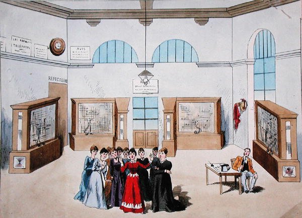 Set design for an operetta featuring women operators in a central telephone exchange by French School