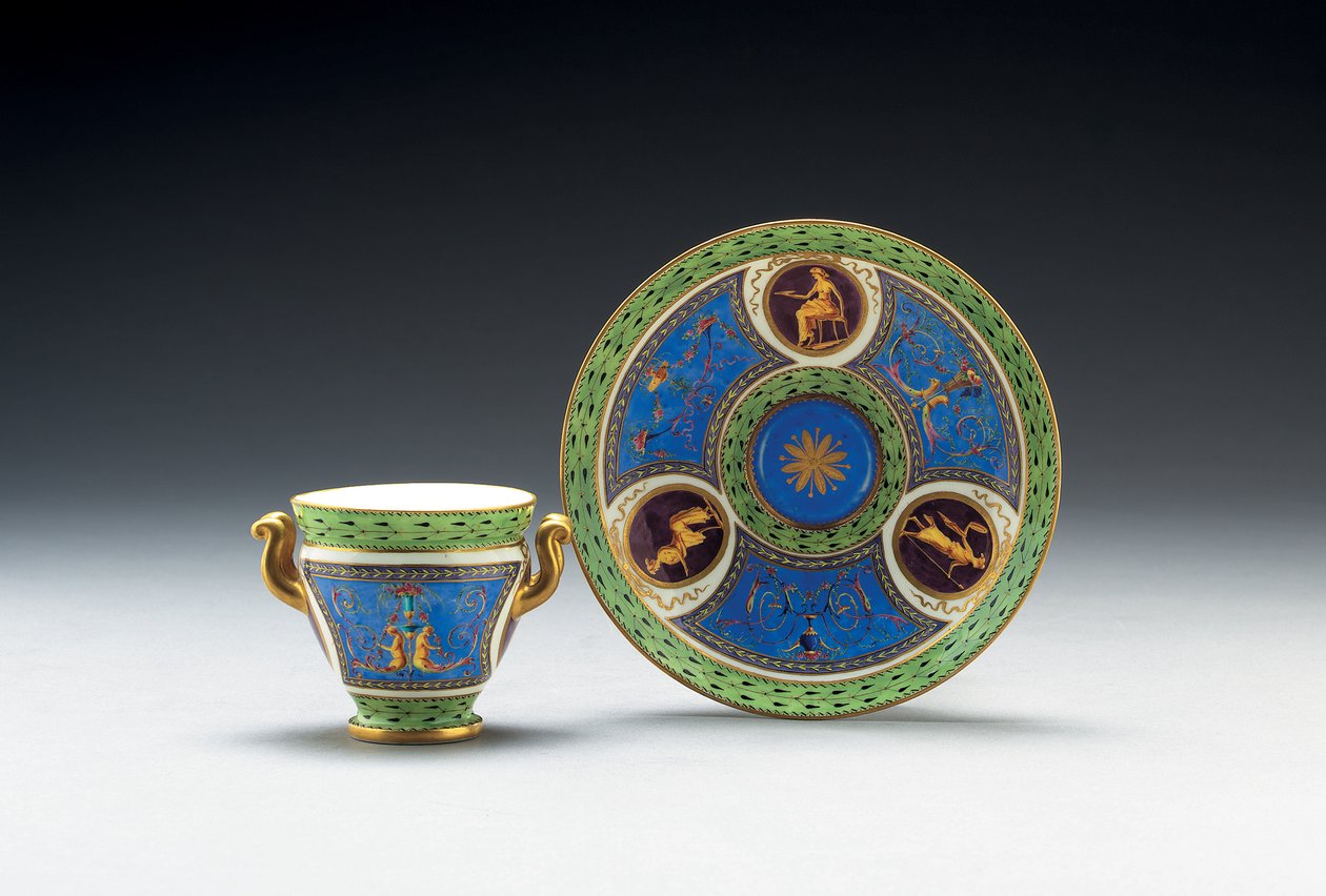 Sevres bleu celeste and pale-green ground two-handled cup and saucer, 1790 by French School