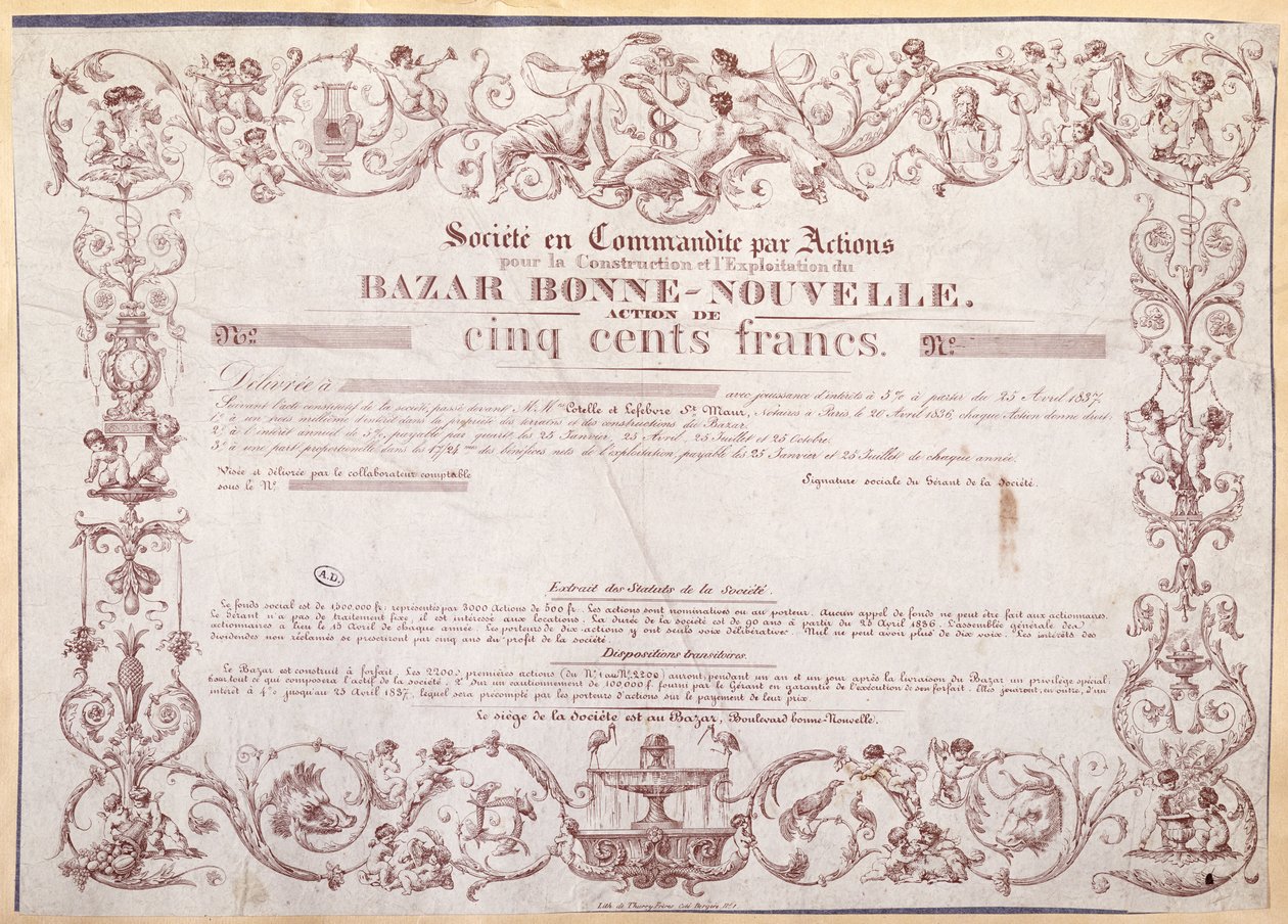 Share Certificate for 500 Francs for the Bazar Bonne-Nouvelle by French School