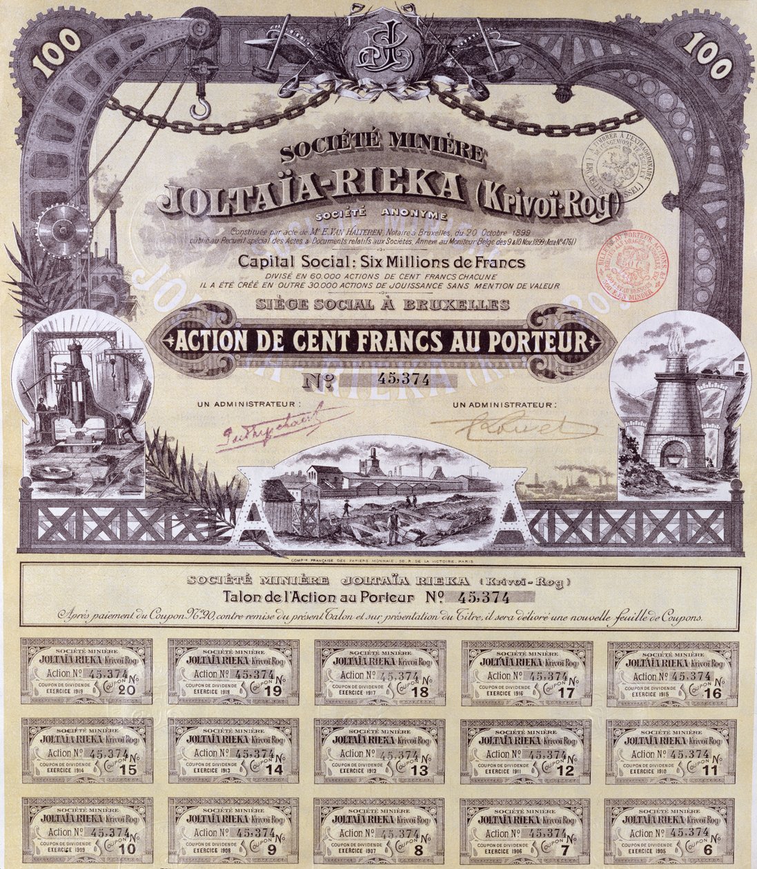 Share certificate for 100 francs for the Franco-Russian Joltaia-Rieka mining company, 1899 by French School