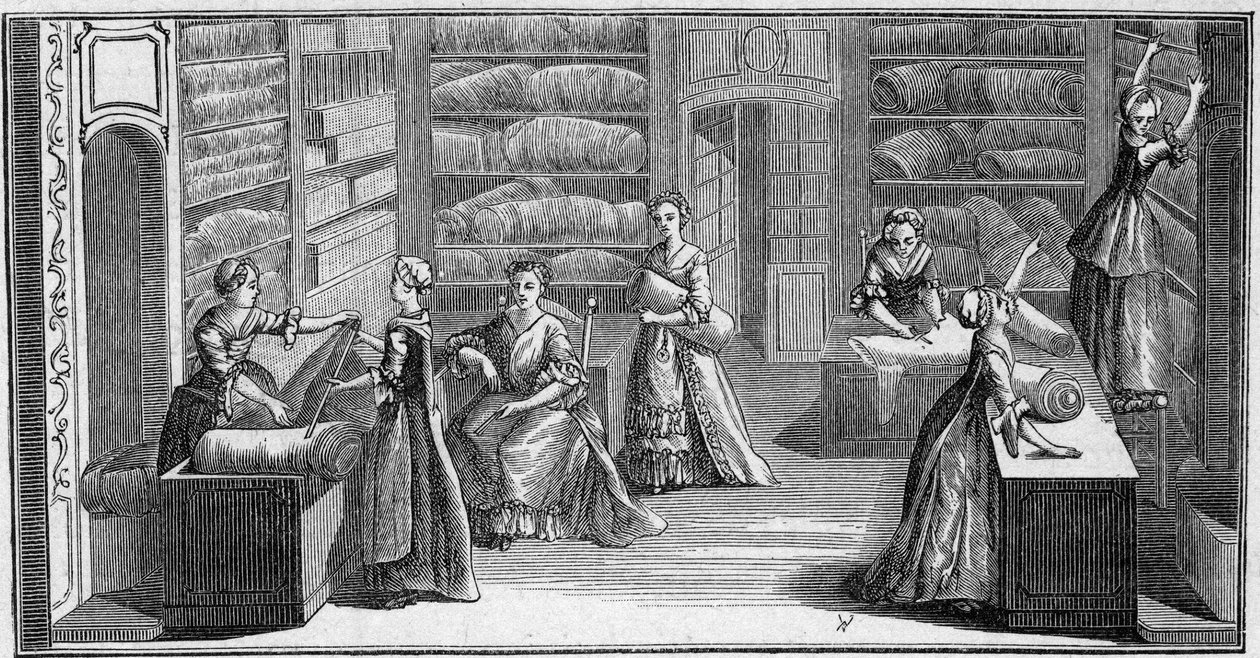 Shop of a fashion merchant in the 18th century. Engraving in La Marine et les colonies: commerce by French School