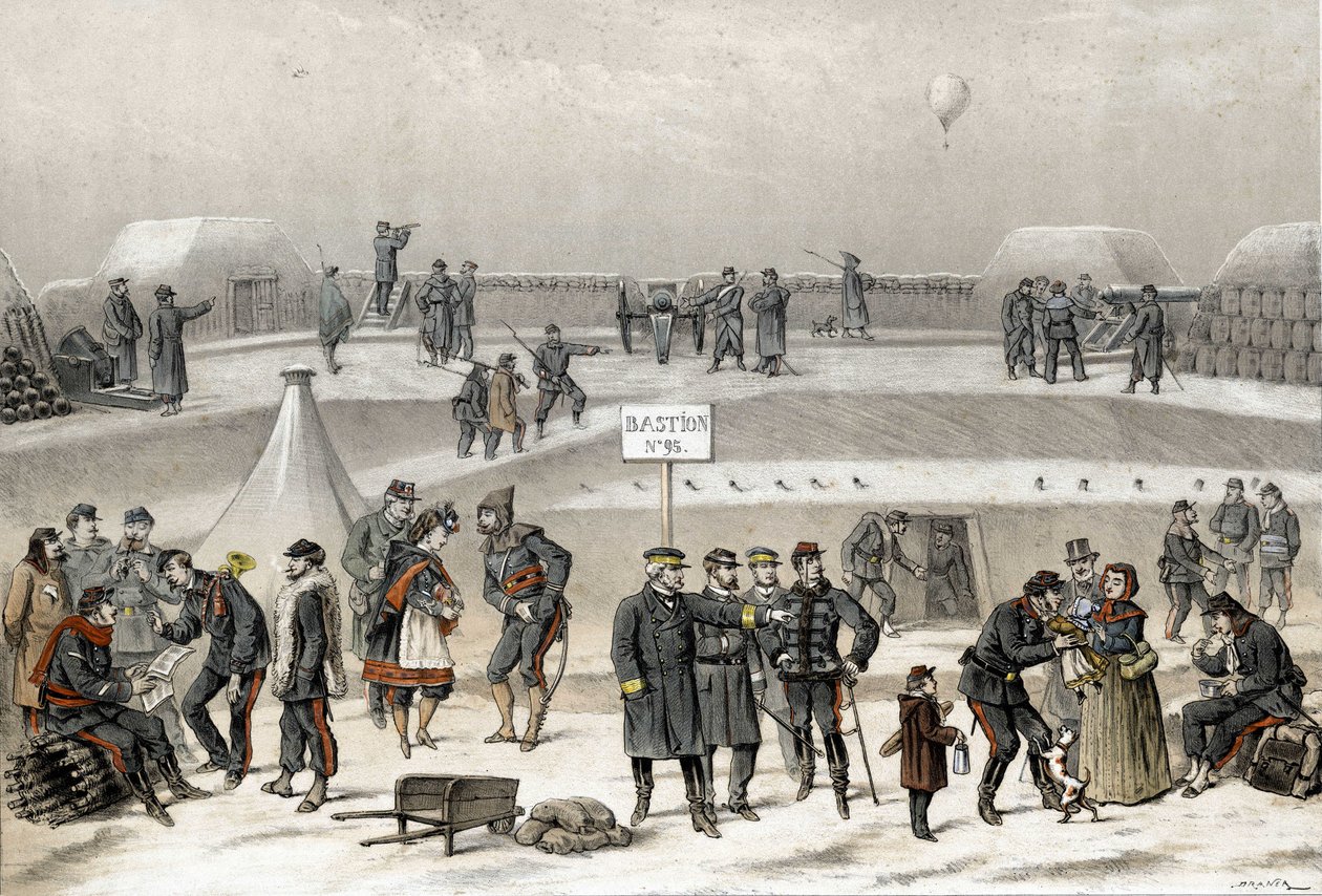 Siege of Paris in 1870 during the war 1870-1871. The soldiers prepare the defense of the city: one can see a soldier in the bunker by French School