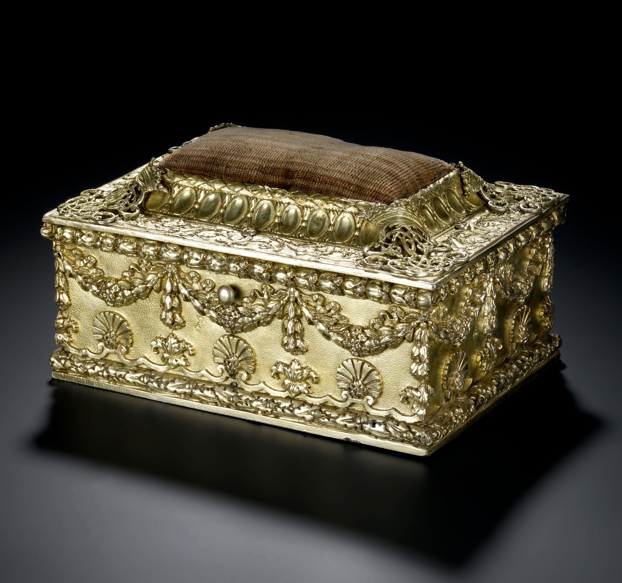 Silver-gilt rectangular casket with hinged lid with pin-cushion, from the Lennoxlove toilet service, owned by Frances Teresa Stewart, Duchess of Richmond and Lennox: French, Paris, 1664 - 1665 or 1668 - 1669 by French School