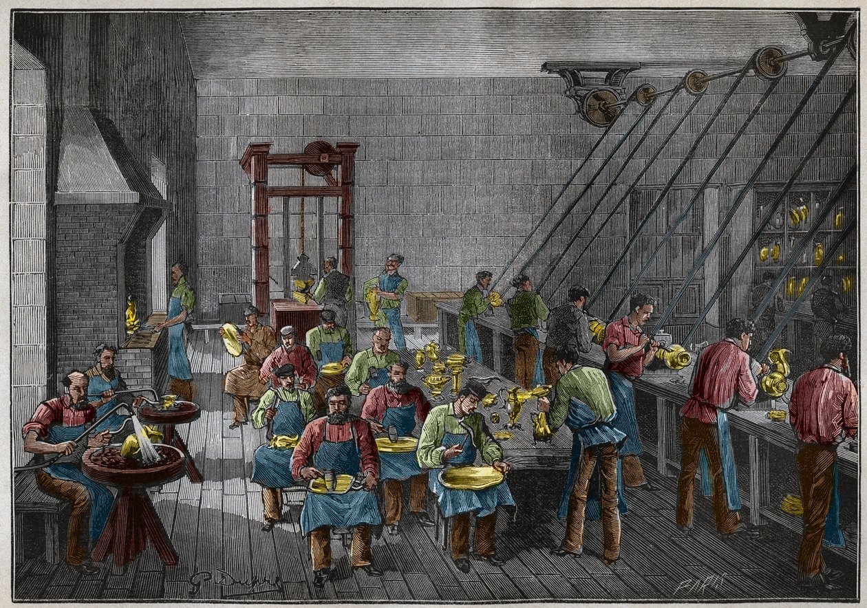 Silverware workshop in France in the 19th century. Engraving from 1885 in 