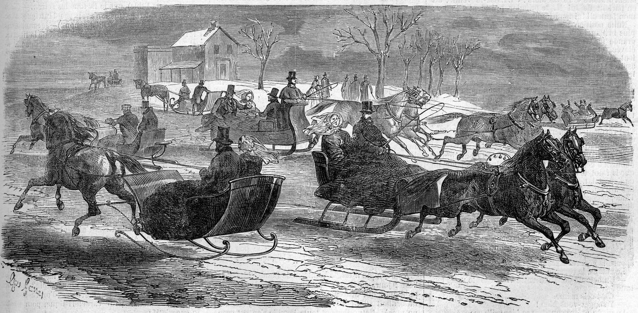 Sled in New York, United States, winter 1858. Engraving in 