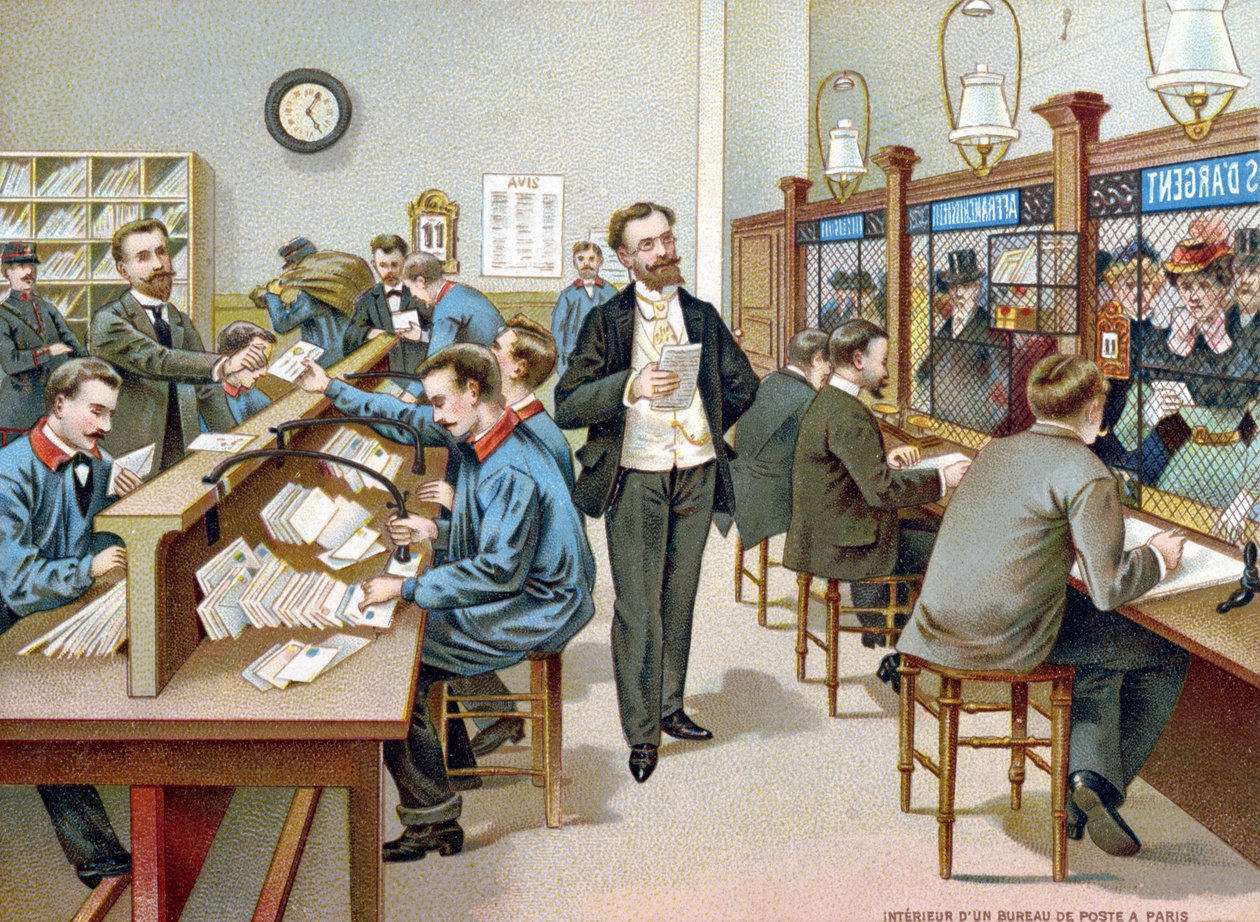 Sorting the Post in a Parisian Post Office, illustration from a Post Office calendar, 1904 by French School