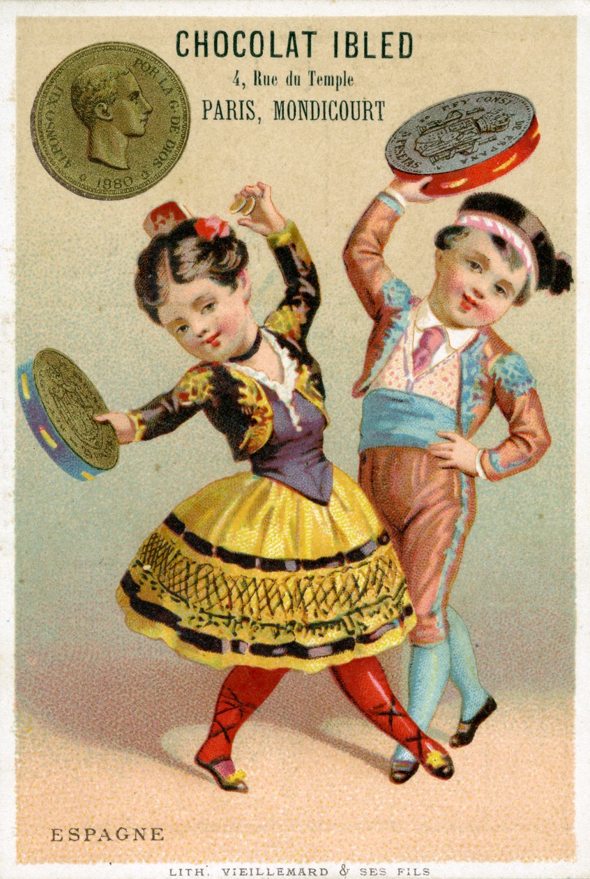 Spanish children dancing with tambourines made of pesetas, from a series of promotional cards on currencies in different countries, published in Paris by Vieillemard for use by Chocolat Ibled, 1886-95 by French School