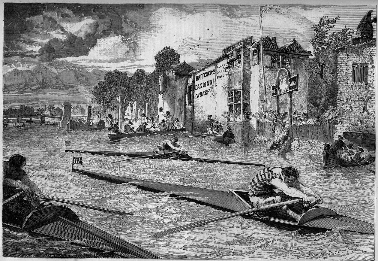 Sports competition: canoe race (outrigger) on the Thames. England by French School