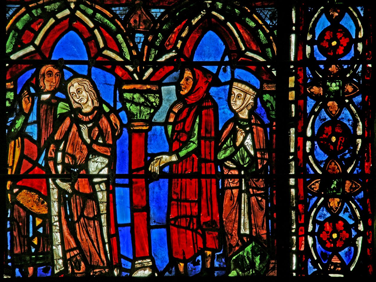 St Cheron window: his fiancée leaves with her parents by French School
