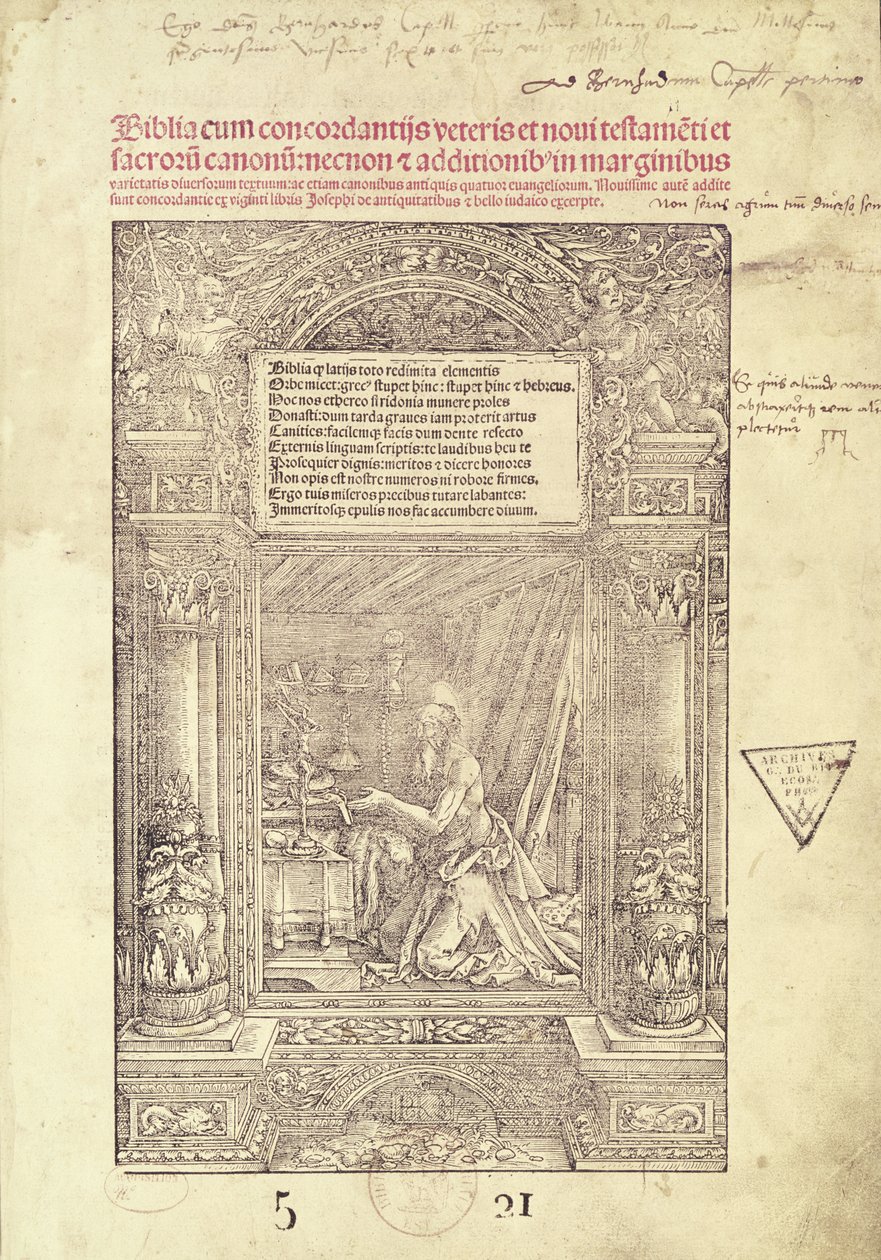St. Jerome in his Studiolo, title page of a Bible, printed by J. Marion, Lyon, 1521 by French School