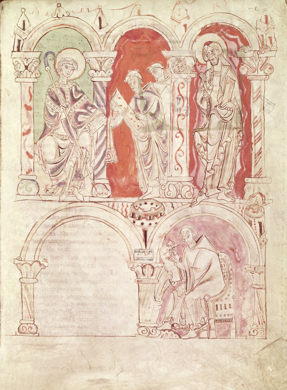 St. John Cassian Writing and Monks Offering the Book to the Patron of the Abbey, from Collationes by Cassian, from the Abbey of St. Amand by French School