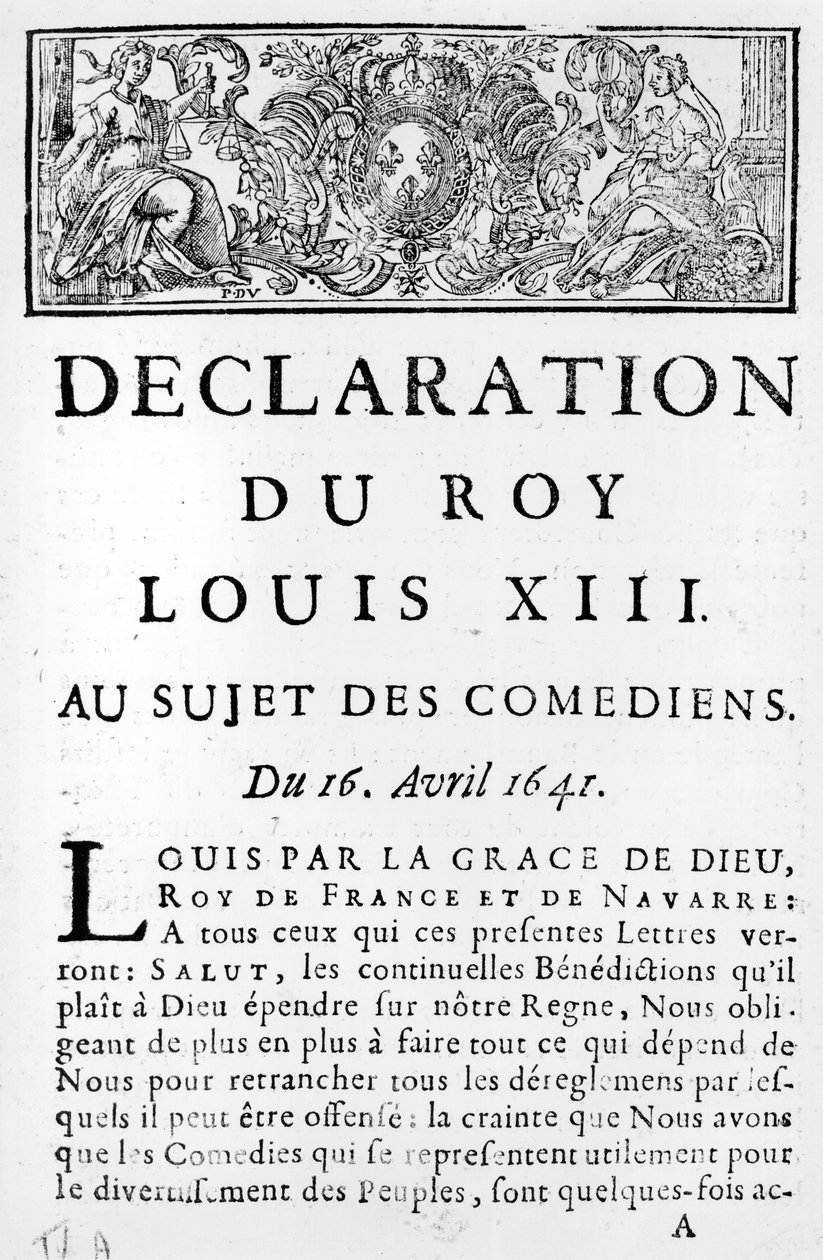 Statement of Louis XIII (1601-43) on the Comedians, 16th April 1641 by French School