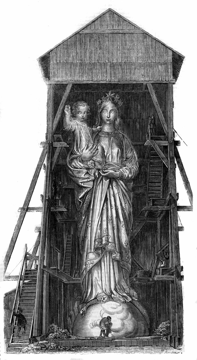 Statue of Notre Dame de France at Puy-en-Velay (Puy-en-Velay) in Haute Loire (43): Model of the Statue to be Melted from the Iron from the Cannons Taken in Sebastopol. The Statue was Completed in 1860 and was 16m High. From a Photograph. Engraving in 