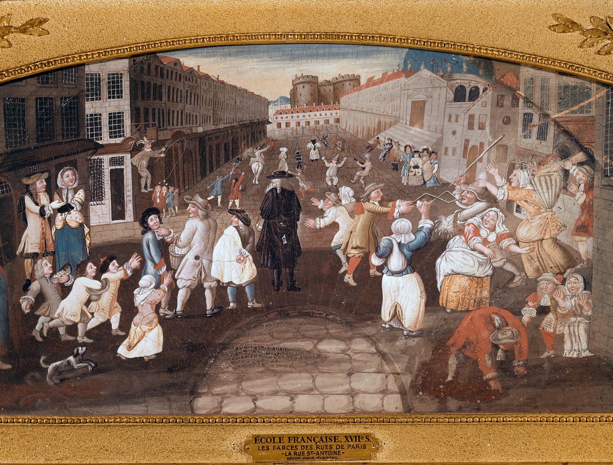 Street entertainers in the Rue St Antoine, Paris by French School