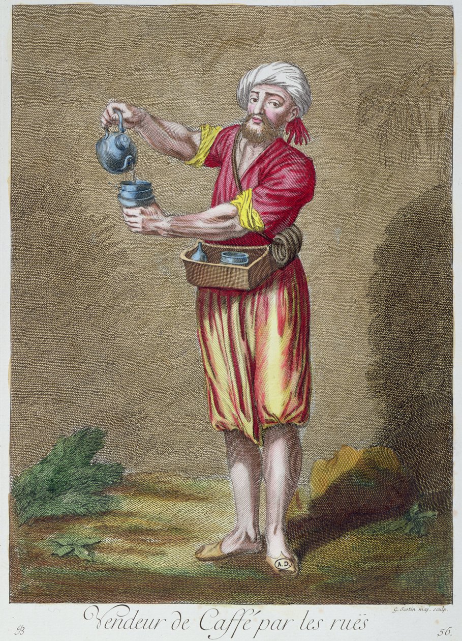 Street merchant selling coffee, from the Collection of Prints of Costumes from the Levant, engraved by G. Scotin, 1707-08 by French School