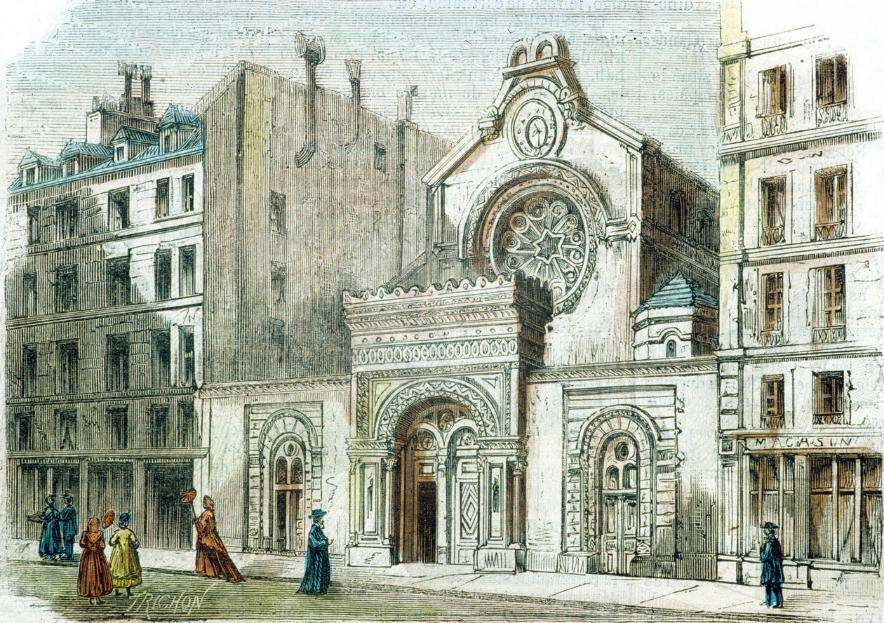 Synagogue on the Rue de la Victoire, Paris, c.1880 (colour engraving) by French School