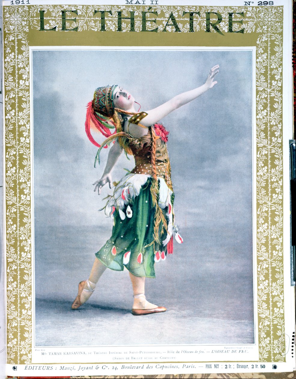 Tamara Platnovna Karsavina as The Firebird by Igor Stravinsky from the front cover of Le Theatre magazine, May 1911 by French School