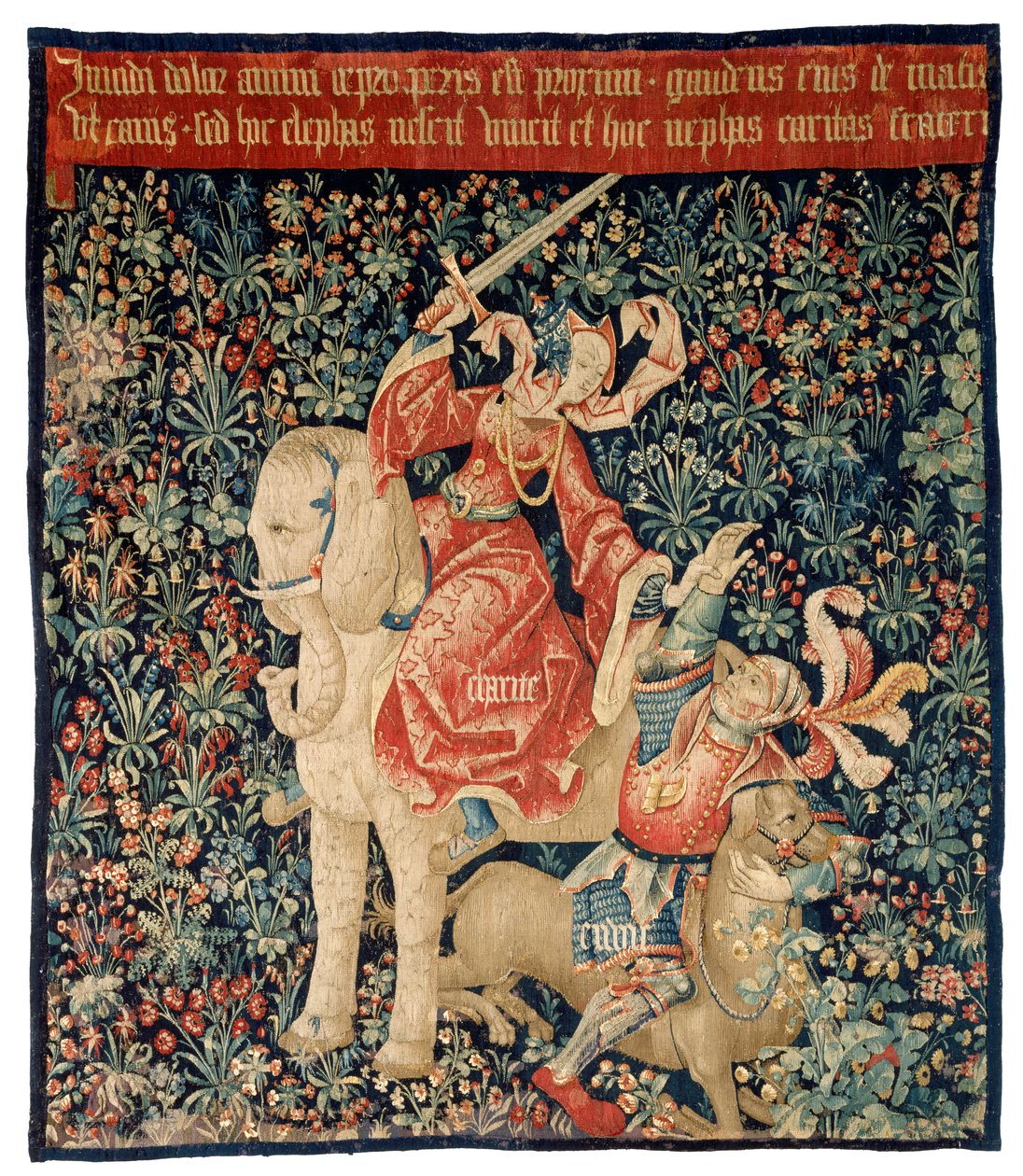 Tapestry Depicting Mille-fleurs and Charity Overcoming Envy by French School