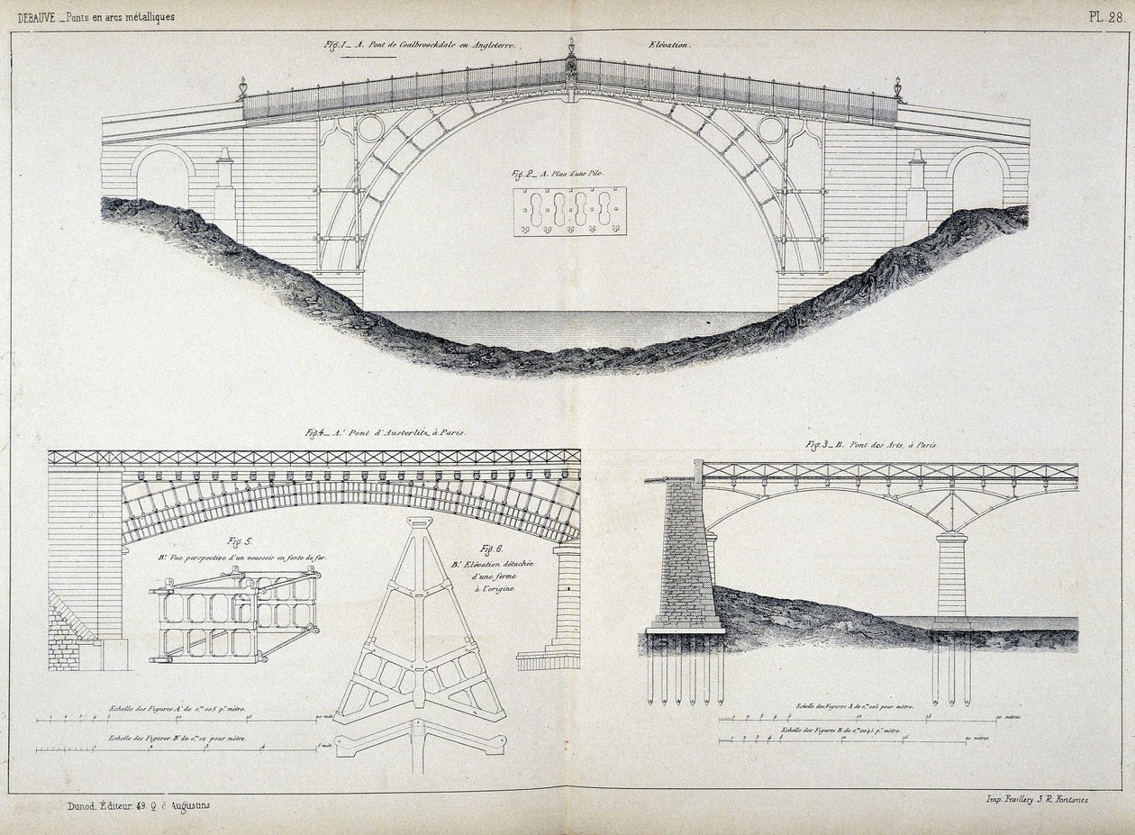 Technical drawings of the Ironbridge bridges in Coalbrookdale (1779, England), Austerlitz and Arts in Paris, taken from the “Manuel de l