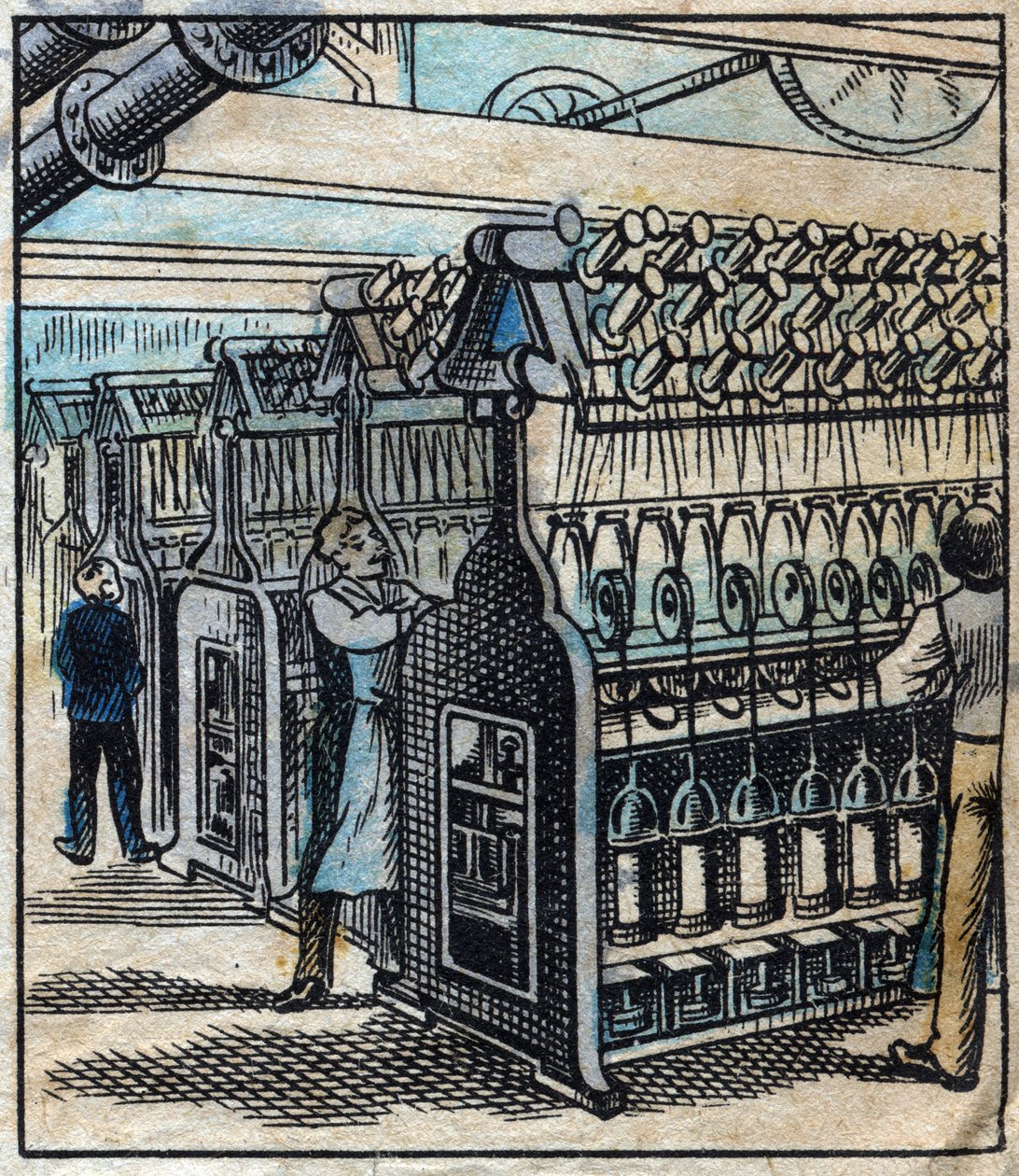 Textile, linen: the workshop. Transforming the ribbons into drills and then into threads using spinning metiers. Engraving. Epinal imaging late 19th century. by French School