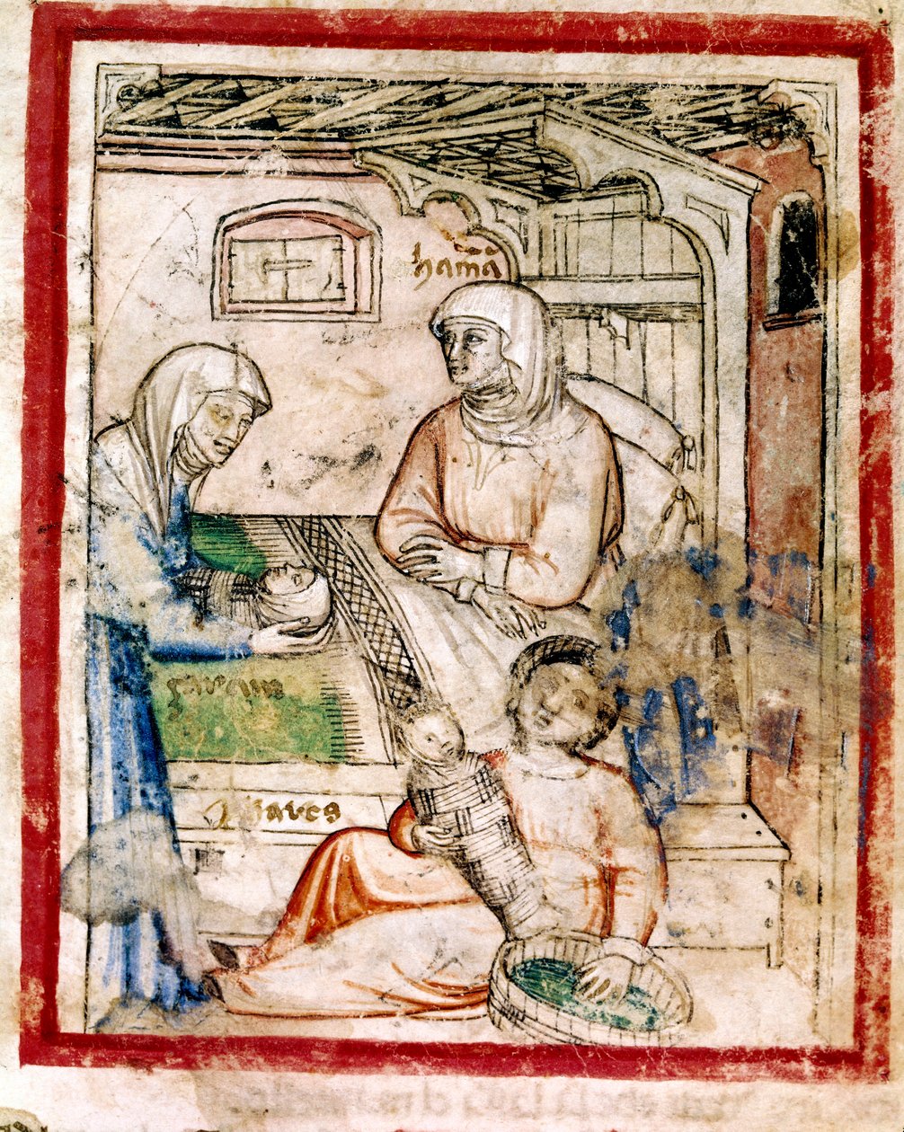 Thamar gives birth to twins, Perets and Zerah, sons of Judah, Miniature from codex 212 (or Padovano Codice or Bible of Padua) 1390-1400 by French School