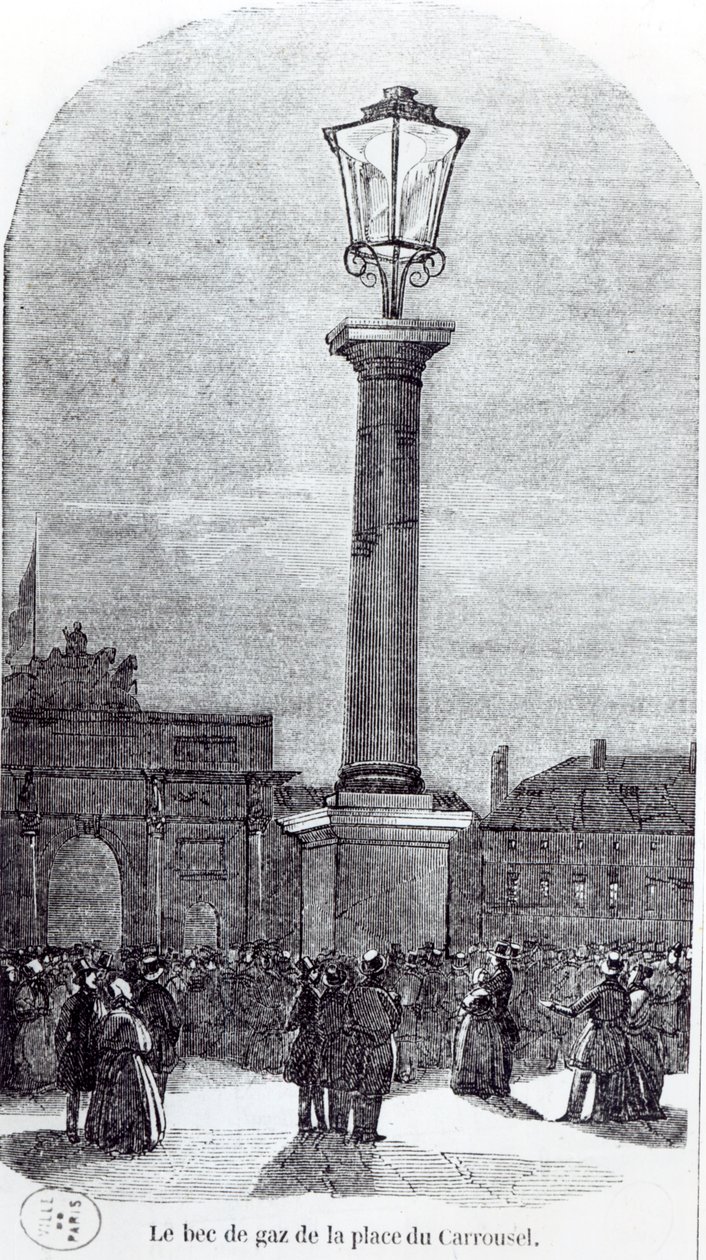 The 1st Gaslamp in Paris at Place du Carrousel in 1818 by French School