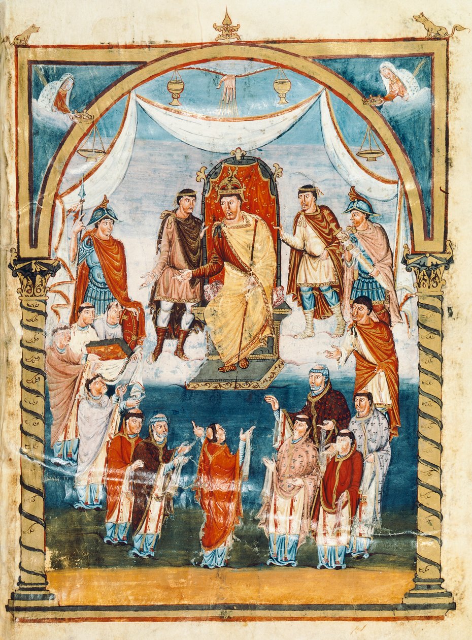 The Abbot Vivian surrounded by monks of St Martin of Tours presenting the book to Charles II the Bald, 9th century by French School