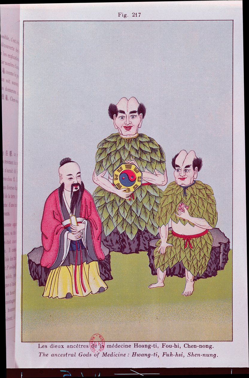The Ancestral Gods of Medicine: Hwang-ti, Fuh-hsi holding the Tai-ki, Shen-nung tasting a medicinal plant, illustration after popular Chinese pictures by French School