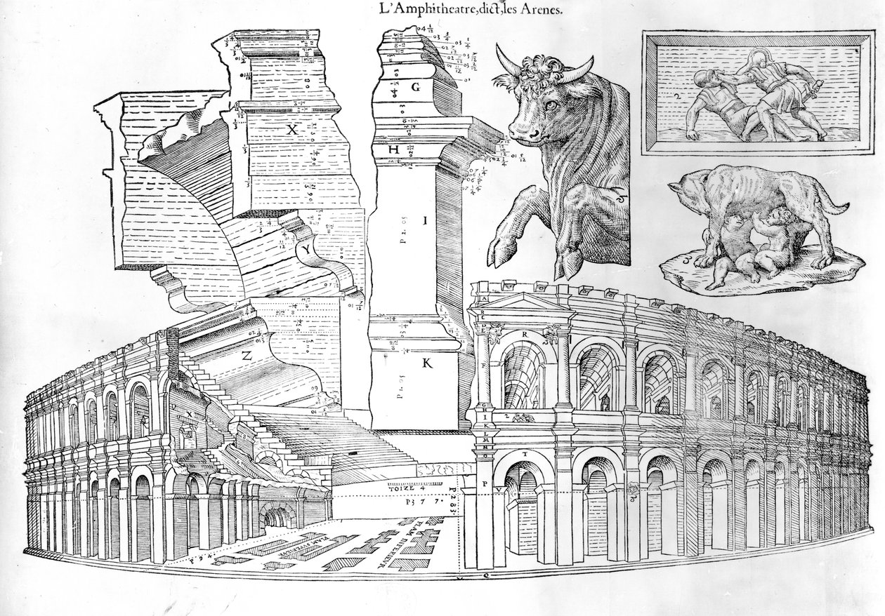 The Arena of Nimes, illustration from Discours historial de lantique et illustre cite de Nismes by Jean Poldo d