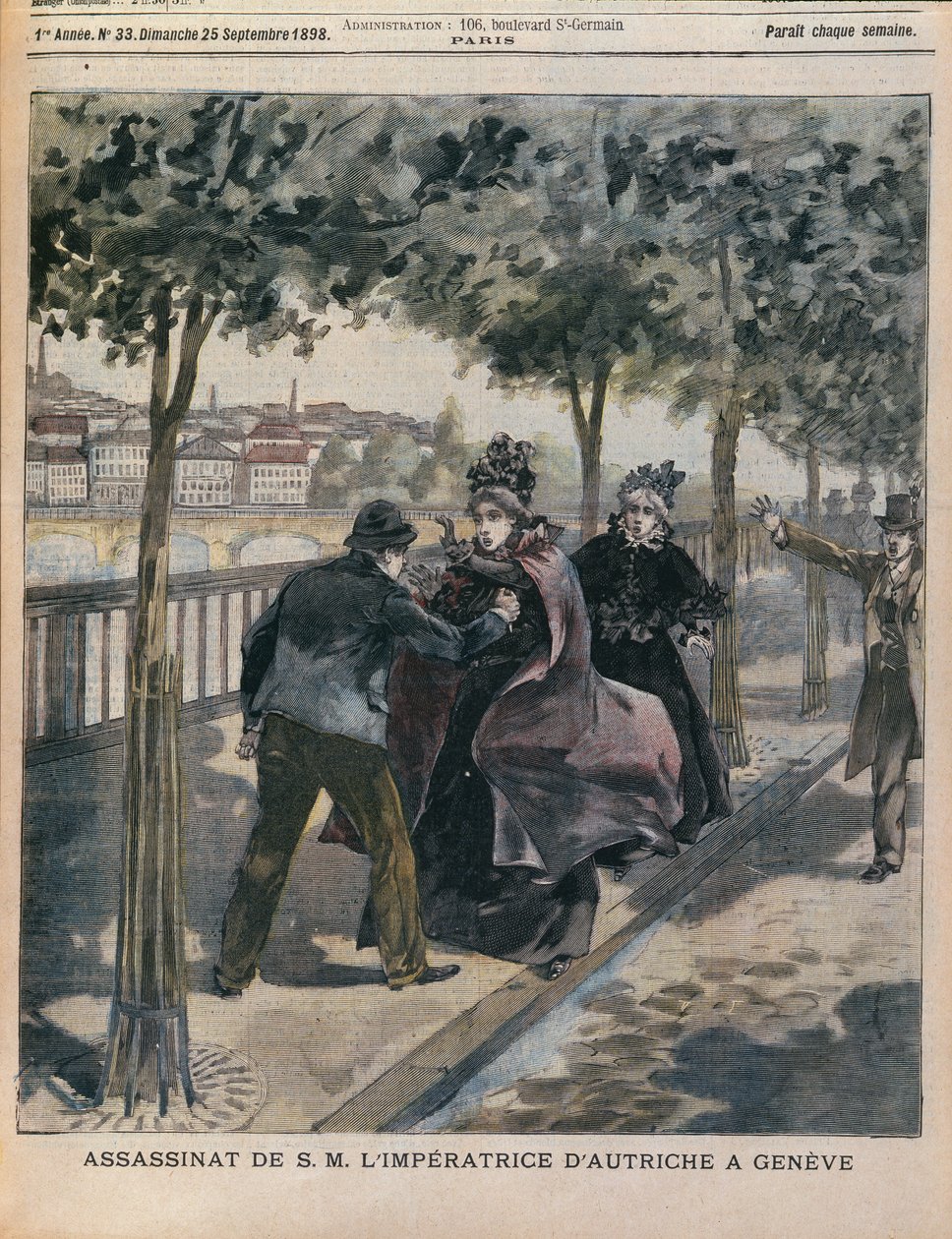 The Assassination of Elizabeth Empress of Austria in Geneva, front cover of LAnnee Illustree, 25th September 1898 by French School