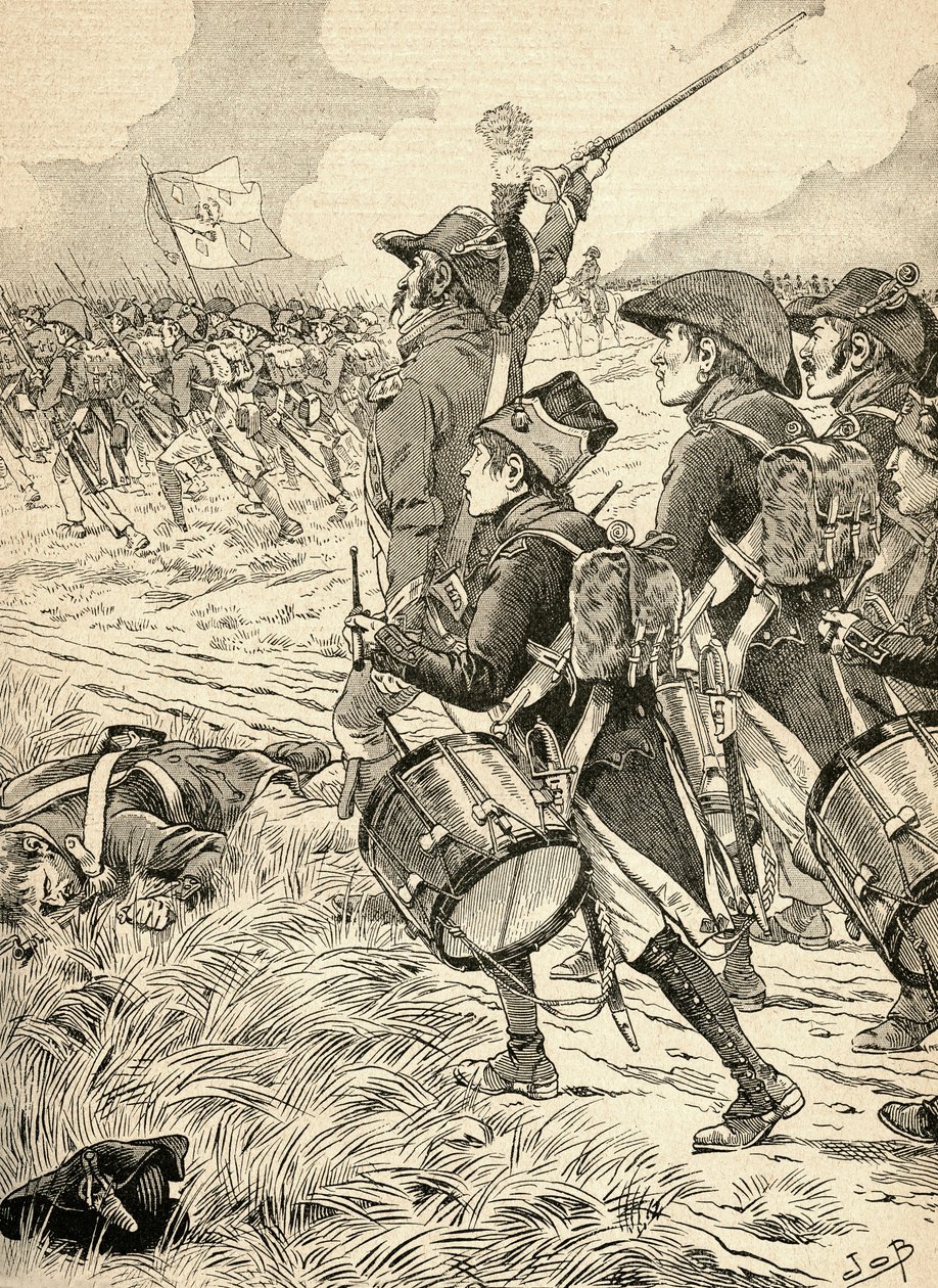 The Battle of Marengo, Italy in 1800, fought between the French forces under Napoleon Bonaparte and the Austrians. From Agenda Buvard du Bon Marche published 1917 by French School