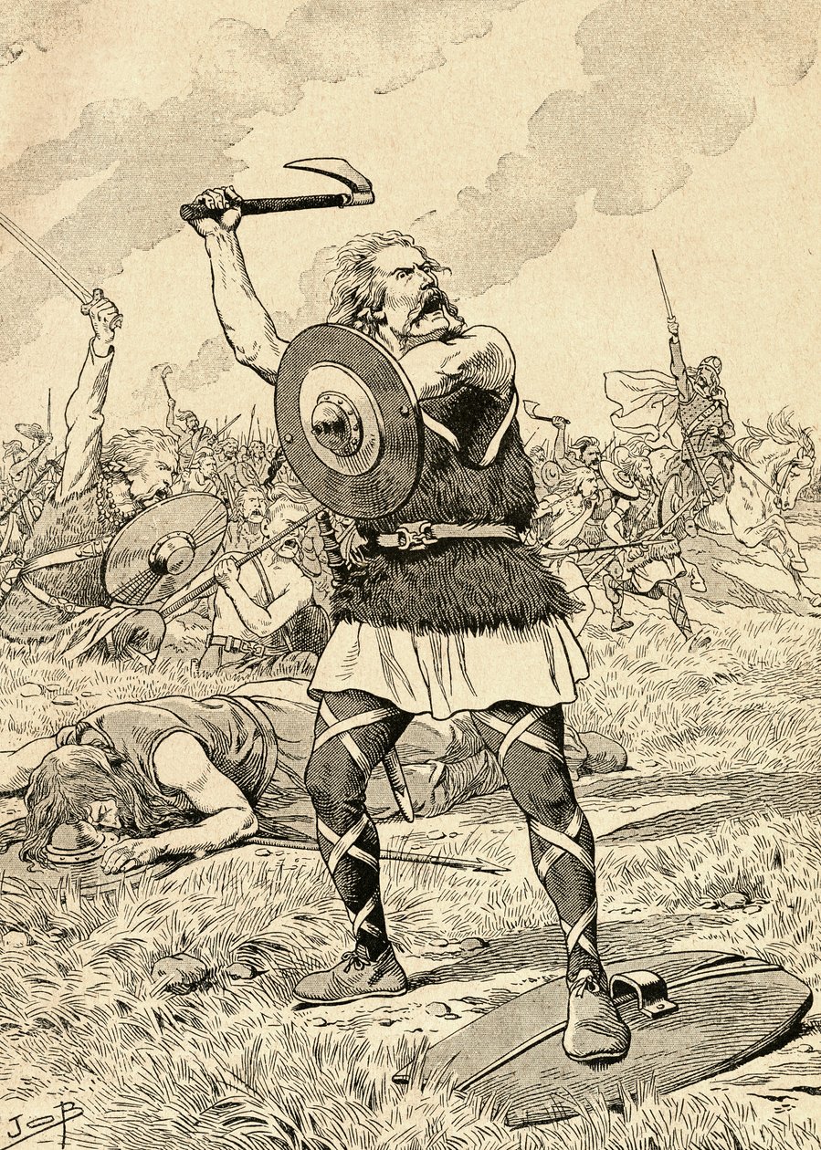 The Battle of Tolbiac in 496 fought between the Franks and the Alemanni. From Agenda Buvard du Bon Marche published 1917 by French School