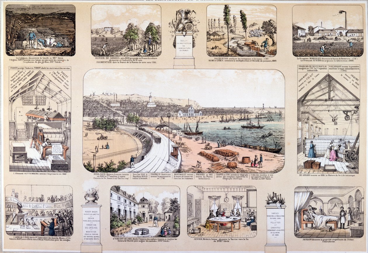 The Benefactors of Mankind, plate depicting Great Inventions, 2nd half of 19th century by French School