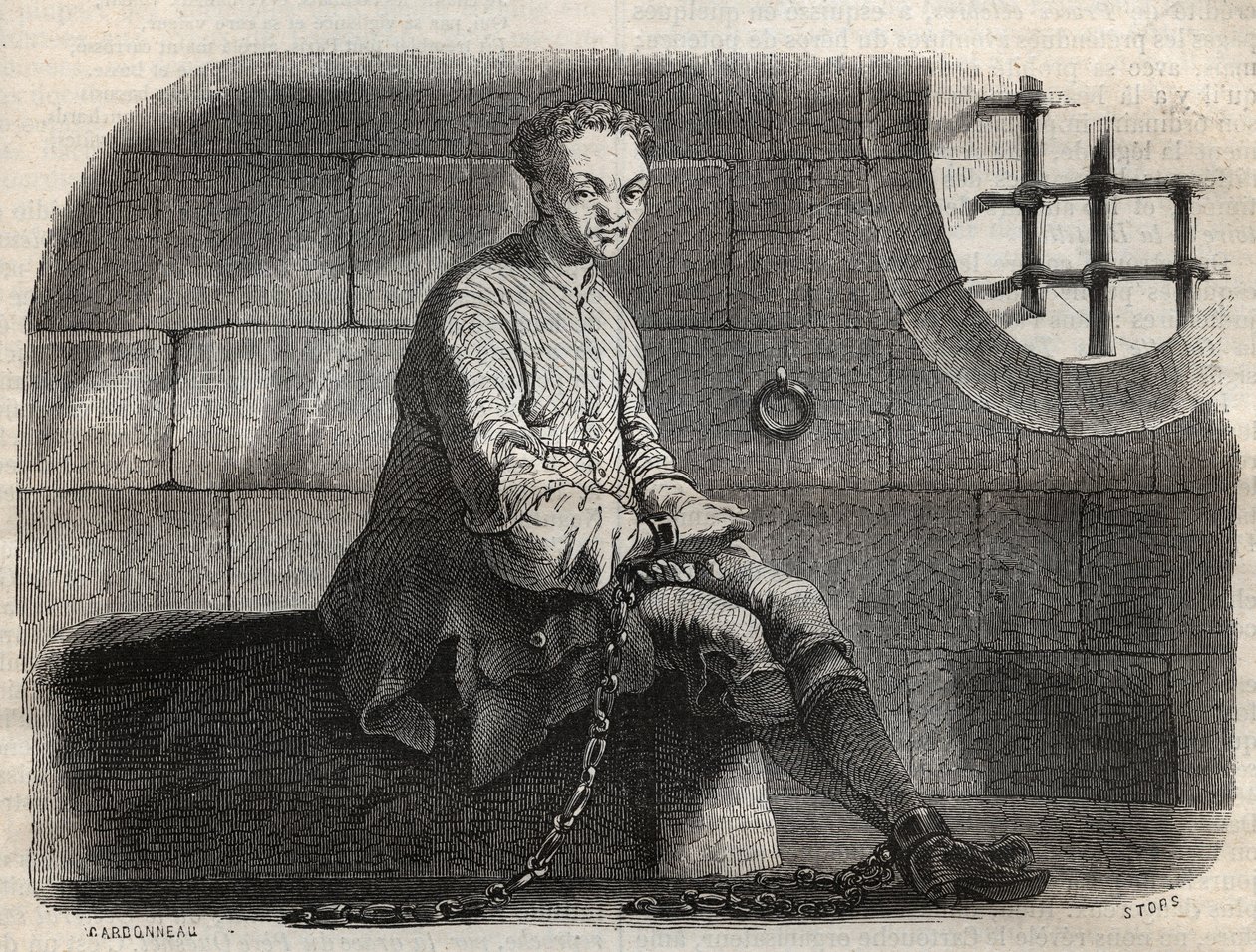 The Brigand Louis Dominique Garthausen dit Cartridge (1693-1721) in prison - Engraving in 