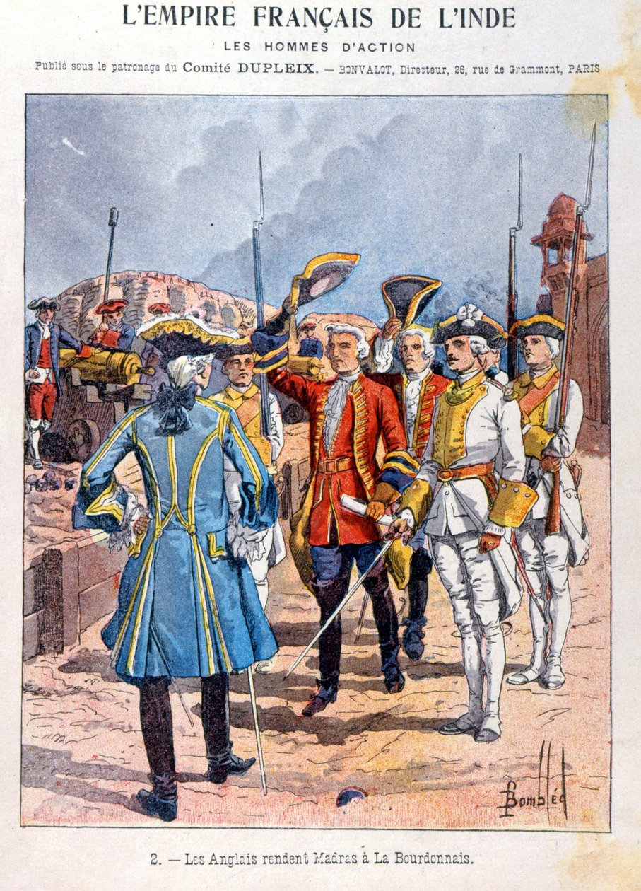 The British surrender Madras to the French commander Mahe de la Bourdonnais, 21st September 1746, cover of school exercise book, c.1900 by French School