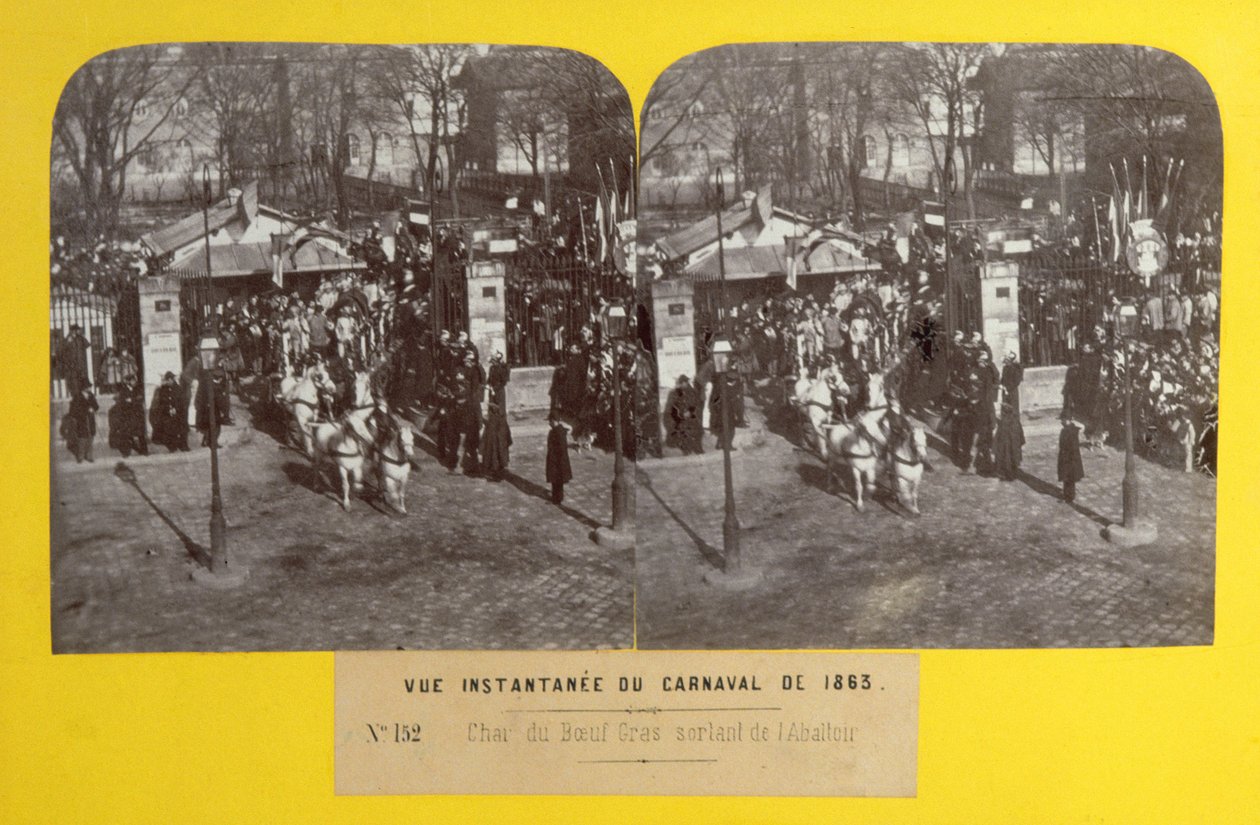 The Carnival of 1863 in Paris, the fat ox float leaving the slaughterhouse, stereoscopic view, 1863 by French School
