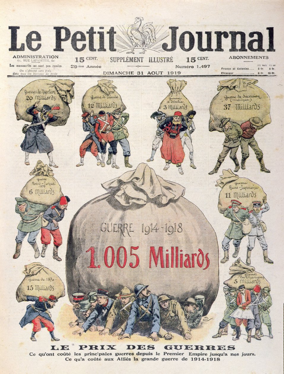 The Cost of Wars from the Napoleonic period up to the 1st World War, front cover of Le Petit Journal, 31st August 1919 by French School