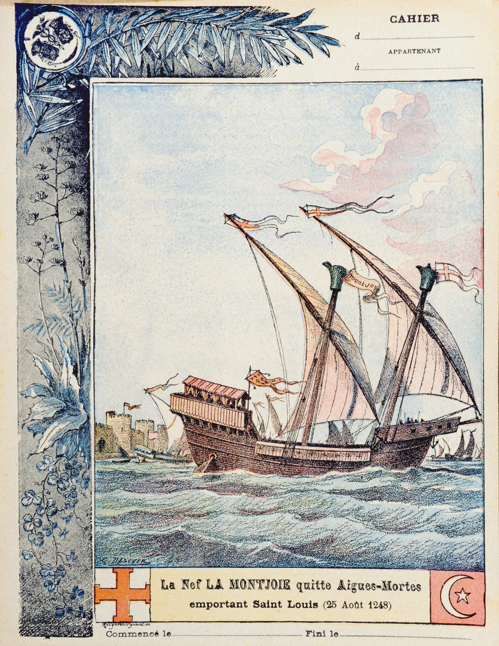 The Departure of Saint Louis in his ship the Montjoie from Aigues-Mortes on 25th August 1248, cover illustration of a school exercise book, c.1900 by French School