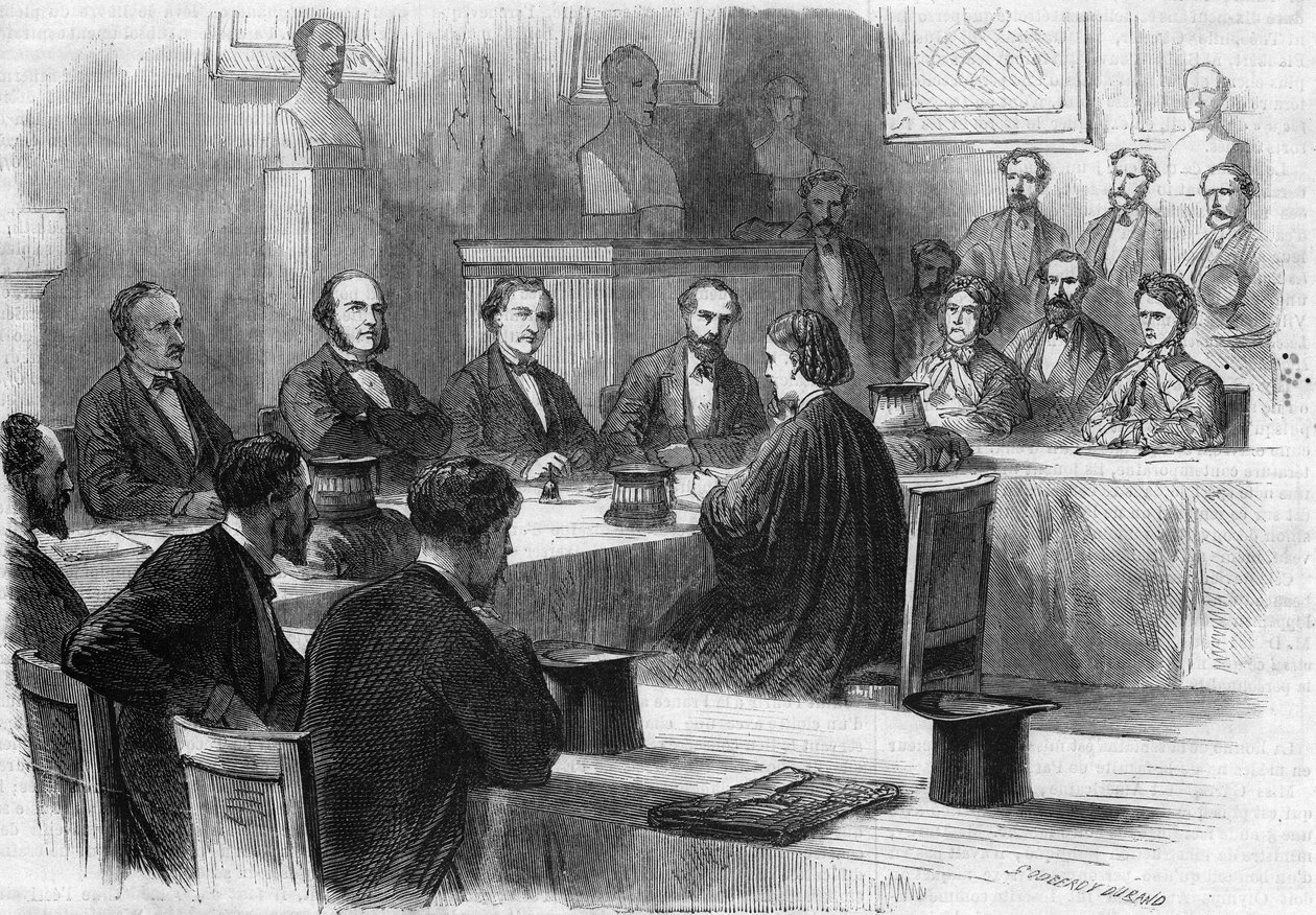 The English Elizabeth Garrett Anderson (1836-1917) presented her thesis before the jury of the Faculty of Medicine of Paris in 1870. She became the first female doctor. Engraving by Godefroy Durand in The Illustrous World n°689 of June 25 by French School