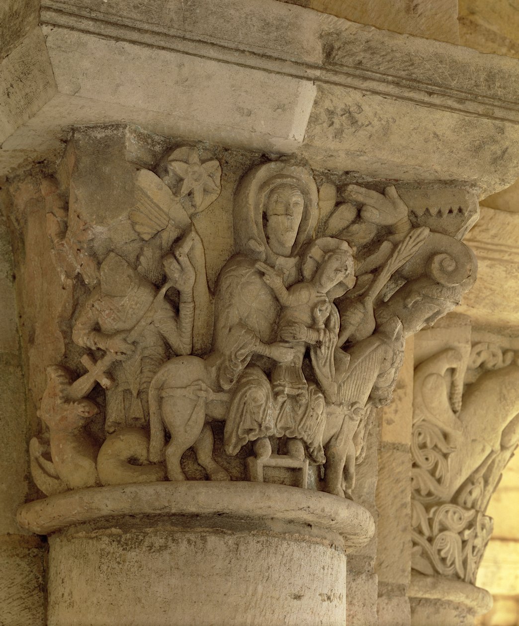 The Flight into Egypt, column capital relief from the church of the Benedictine abbey by French School