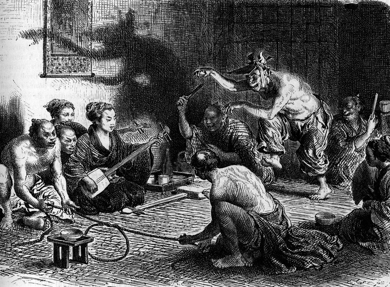 The Fox Games in Japan. Engraving in 