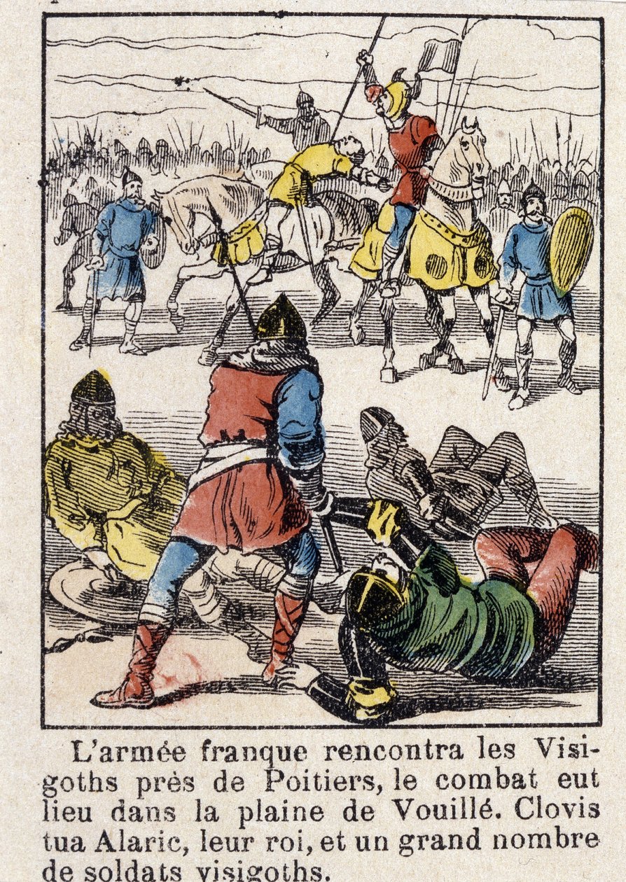 The French army met the Visigoths near Poitiers, the fight took place in the plain of Vouille. Clovis killed Alaric, their king, and a large number of Visigoth soldiers, in 507 by French School